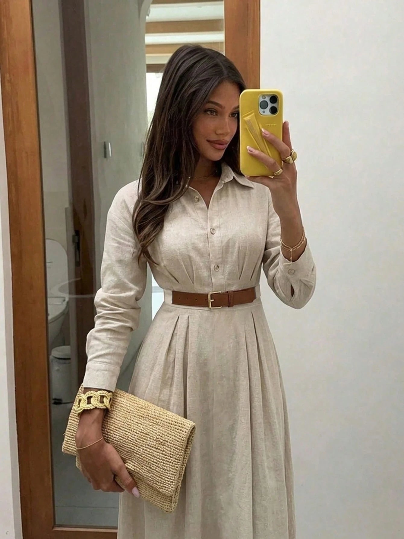 Siren Gaze Women's Solid Color Pleated Cinched Waist Dress, Elegant Casual Office Wear Shirt Dress Beige Autumn