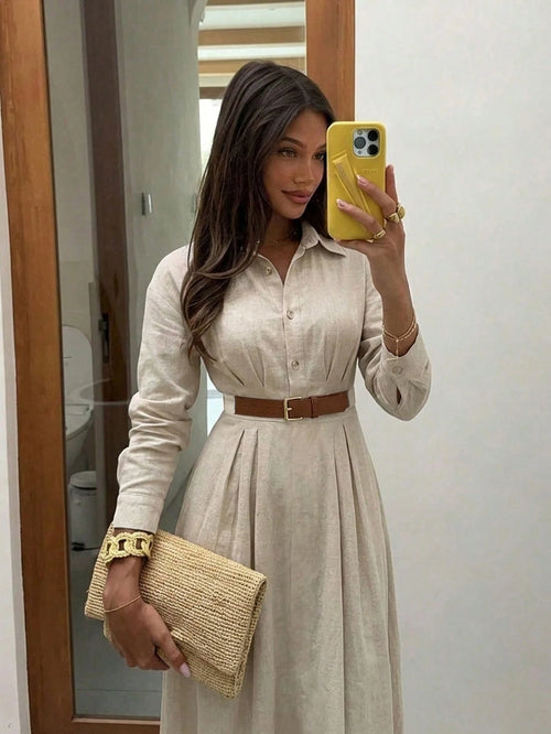 Siren Gaze Women's Solid Color Pleated Cinched Waist Dress, Elegant Casual Office Wear Shirt Dress Beige Autumn