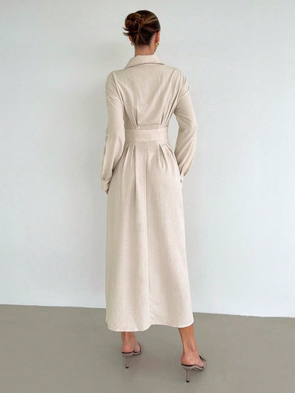 Siren Gaze Women's Solid Color Pleated Cinched Waist Dress, Elegant Casual Office Wear Shirt Dress Beige Autumn