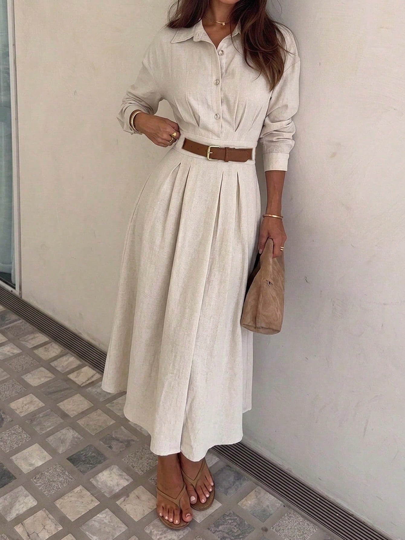 Siren Gaze Women's Solid Color Pleated Cinched Waist Dress, Elegant Casual Office Wear Shirt Dress Beige Autumn