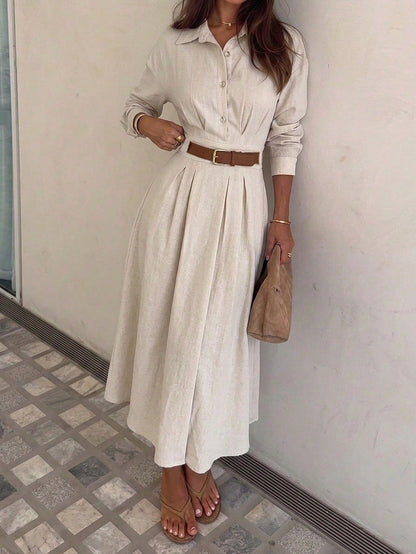 Siren Gaze Women's Solid Color Pleated Cinched Waist Dress, Elegant Casual Office Wear Shirt Dress Beige Autumn