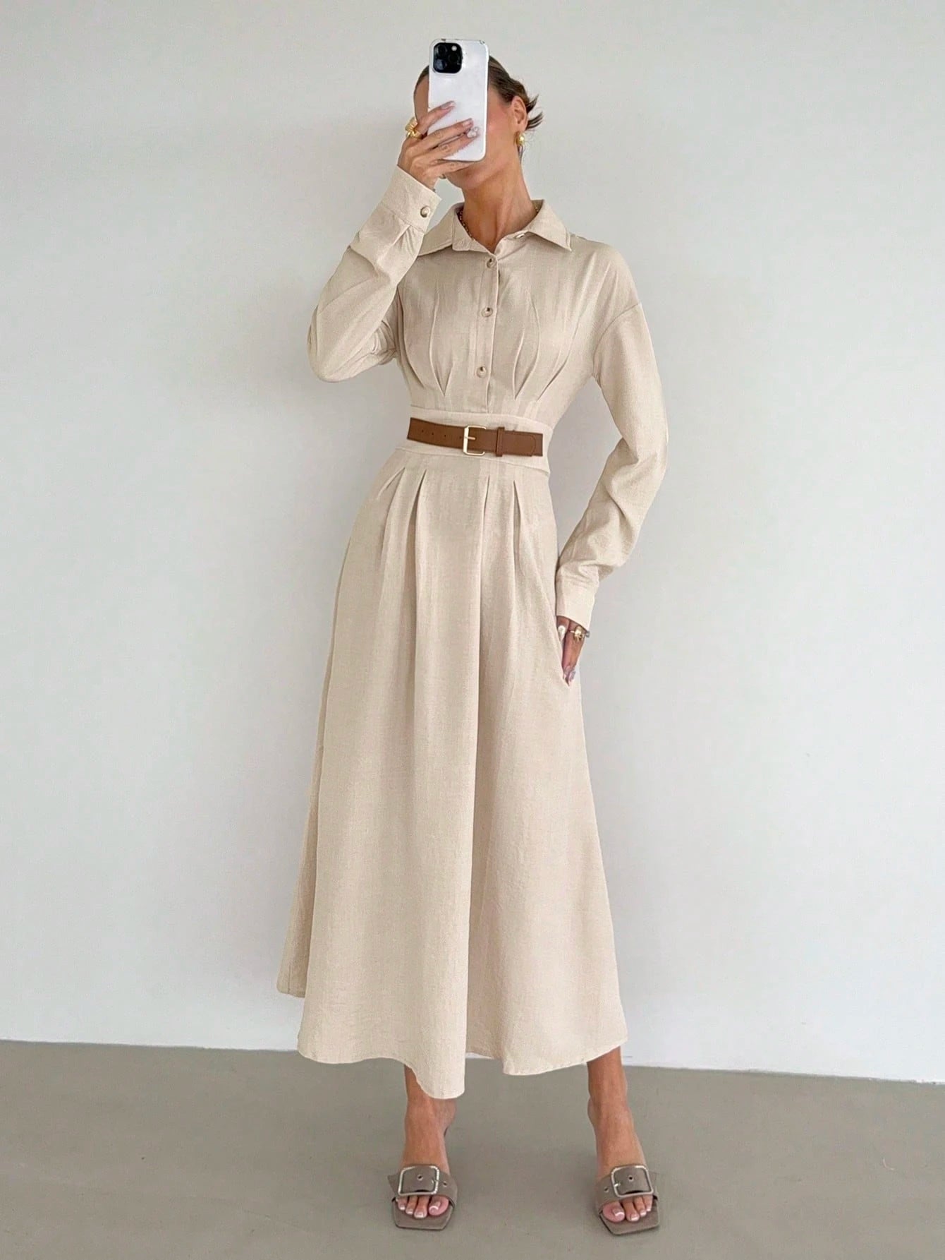 Siren Gaze Women's Solid Color Pleated Cinched Waist Dress, Elegant Casual Office Wear Shirt Dress Beige Autumn