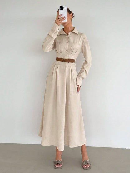 Siren Gaze Women's Solid Color Pleated Cinched Waist Dress, Elegant Casual Office Wear Shirt Dress Beige Autumn