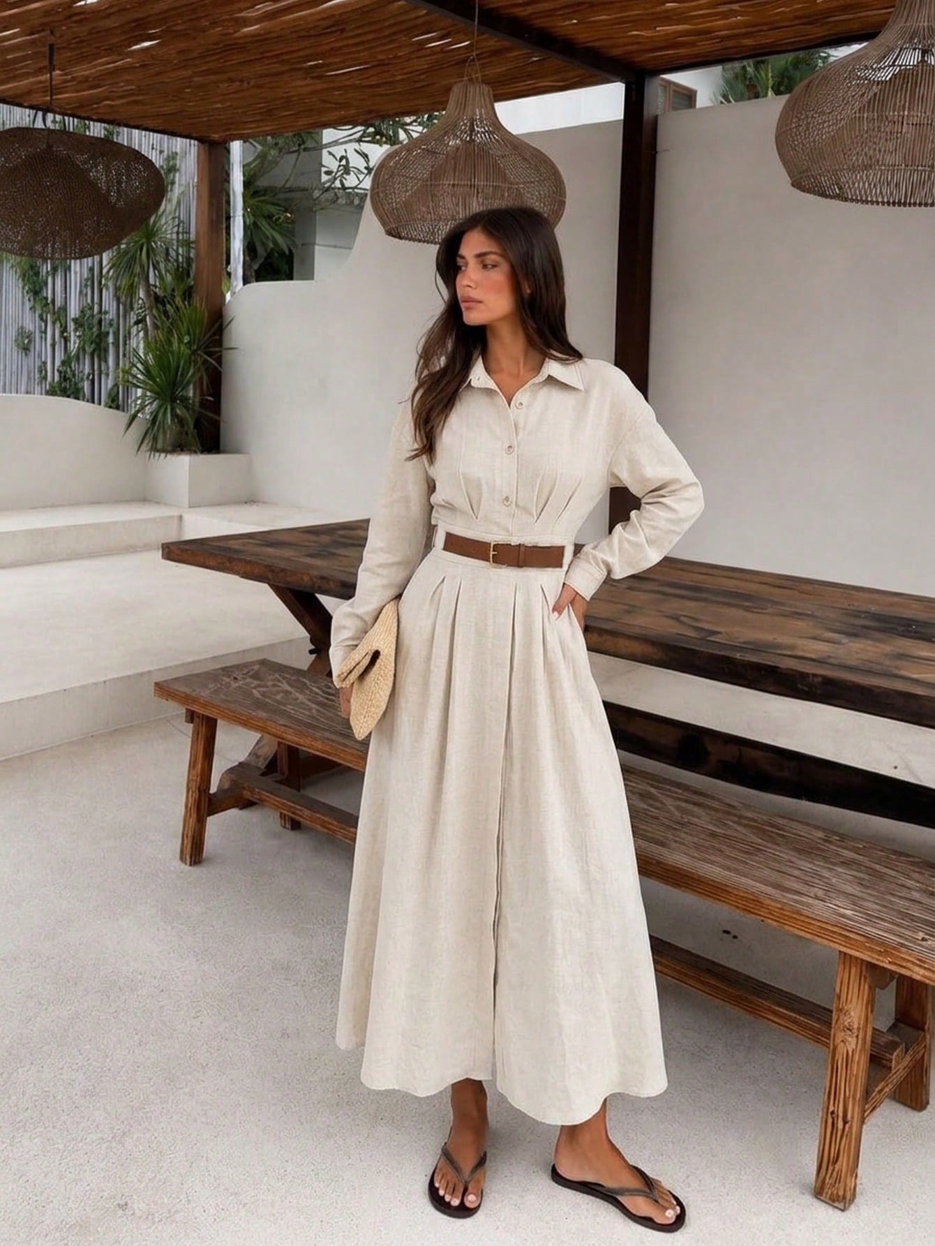 Siren Gaze Women's Solid Color Pleated Cinched Waist Dress, Elegant Casual Office Wear Shirt Dress Beige Autumn