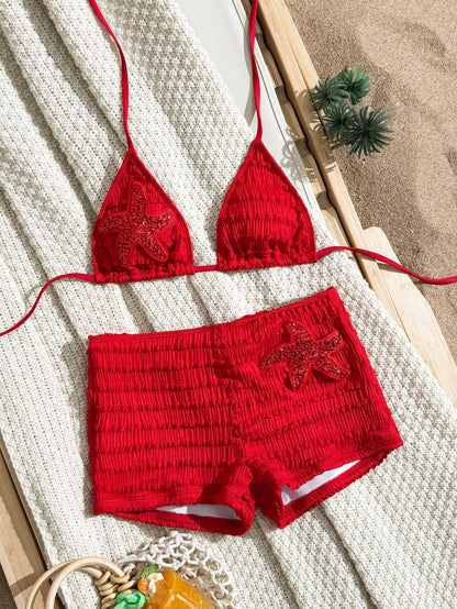 Sirith Red Summer Casual Beach Holiday Vacation Women's 2-Piece Swimsuit Set,Textured Fabric Halter Neck Tie Strap Starfish Decor Top & Palazzo Pants