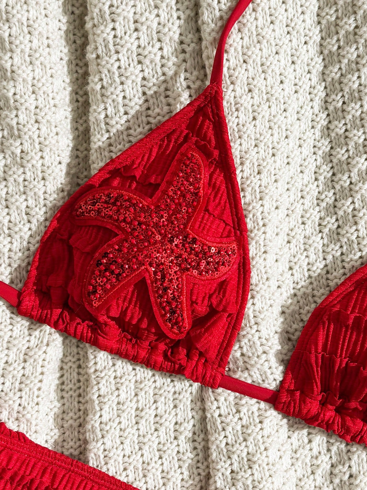 Sirith Red Summer Casual Beach Holiday Vacation Women's 2-Piece Swimsuit Set,Textured Fabric Halter Neck Tie Strap Starfish Decor Top & Palazzo Pants