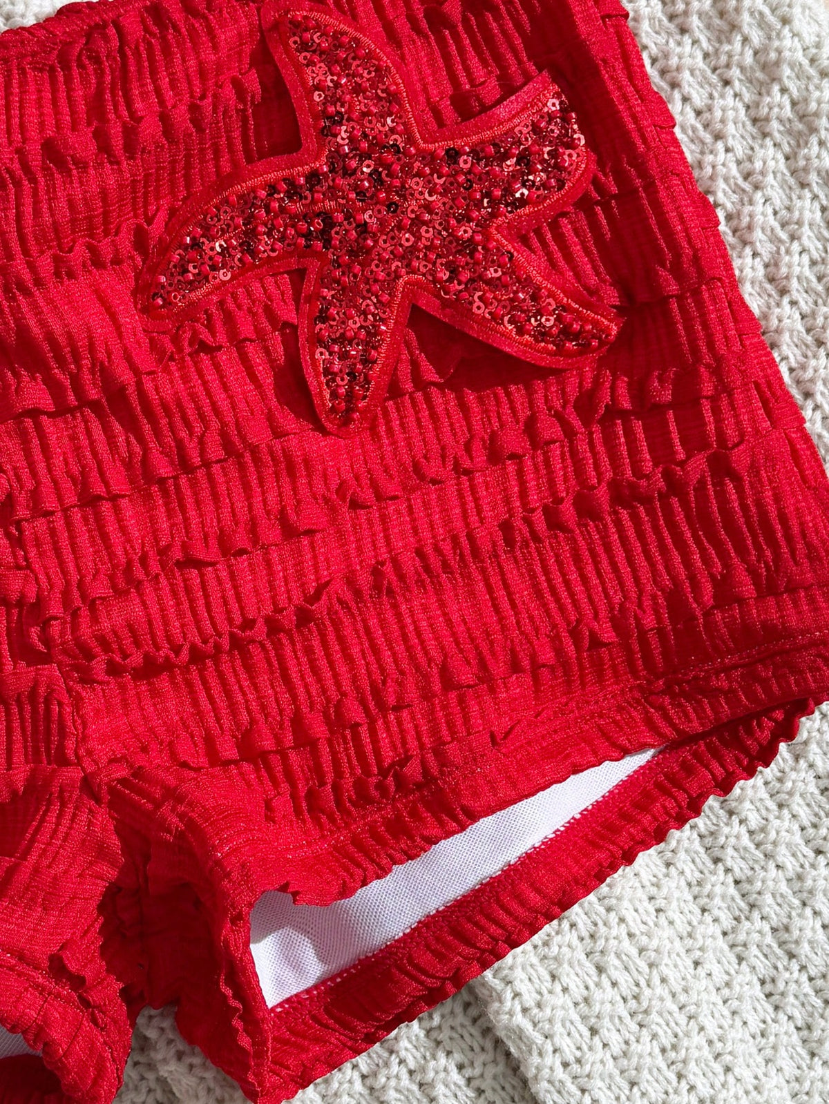 Sirith Red Summer Casual Beach Holiday Vacation Women's 2-Piece Swimsuit Set,Textured Fabric Halter Neck Tie Strap Starfish Decor Top & Palazzo Pants