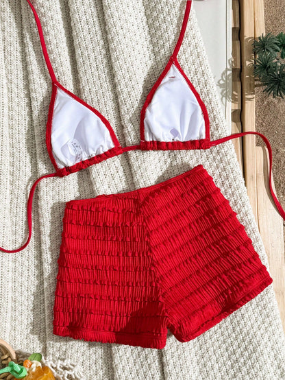 Sirith Red Summer Casual Beach Holiday Vacation Women's 2-Piece Swimsuit Set,Textured Fabric Halter Neck Tie Strap Starfish Decor Top & Palazzo Pants