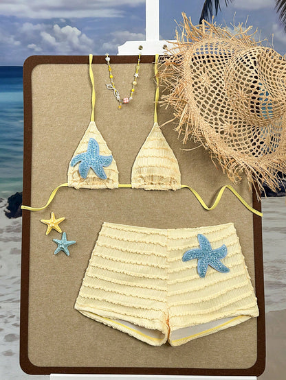 Sirith Red Summer Casual Beach Holiday Vacation Women's 2-Piece Swimsuit Set,Textured Fabric Halter Neck Tie Strap Starfish Decor Top & Palazzo Pants