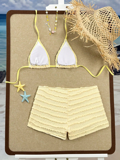 Sirith Red Summer Casual Beach Holiday Vacation Women's 2-Piece Swimsuit Set,Textured Fabric Halter Neck Tie Strap Starfish Decor Top & Palazzo Pants