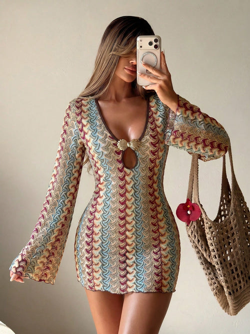 Sirith Swim Mod Women's Sweet Swim Cover-Up, Made Of Multi-Colored Textured Knit Fabric; Unique Neckline Design With Metal Shell Decoration, This Dress Features A Fitted Design, Perfect For Beach Vaca
