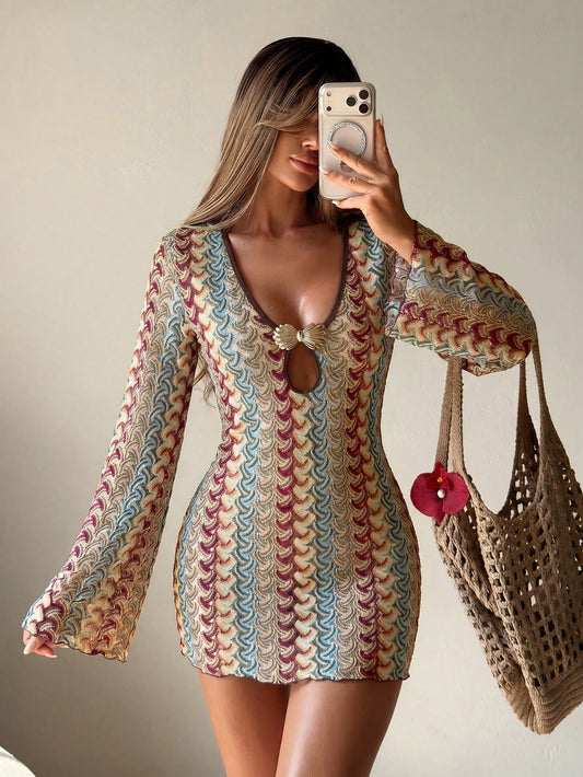 Sirith Swim Mod Women's Sweet Swim Cover-Up, Made Of Multi-Colored Textured Knit Fabric; Unique Neckline Design With Metal Shell Decoration, This Dress Features A Fitted Design, Perfect For Beach Vaca