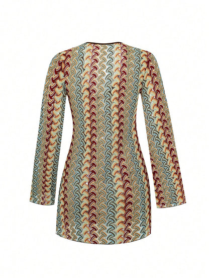 Sirith Swim Mod Women's Sweet Swim Cover-Up, Made Of Multi-Colored Textured Knit Fabric; Unique Neckline Design With Metal Shell Decoration, This Dress Features A Fitted Design, Perfect For Beach Vaca