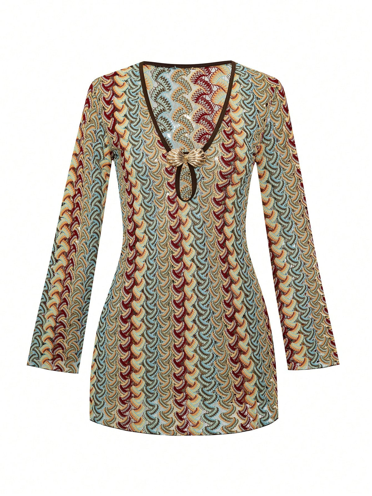 Sirith Swim Mod Women's Sweet Swim Cover-Up, Made Of Multi-Colored Textured Knit Fabric; Unique Neckline Design With Metal Shell Decoration, This Dress Features A Fitted Design, Perfect For Beach Vaca
