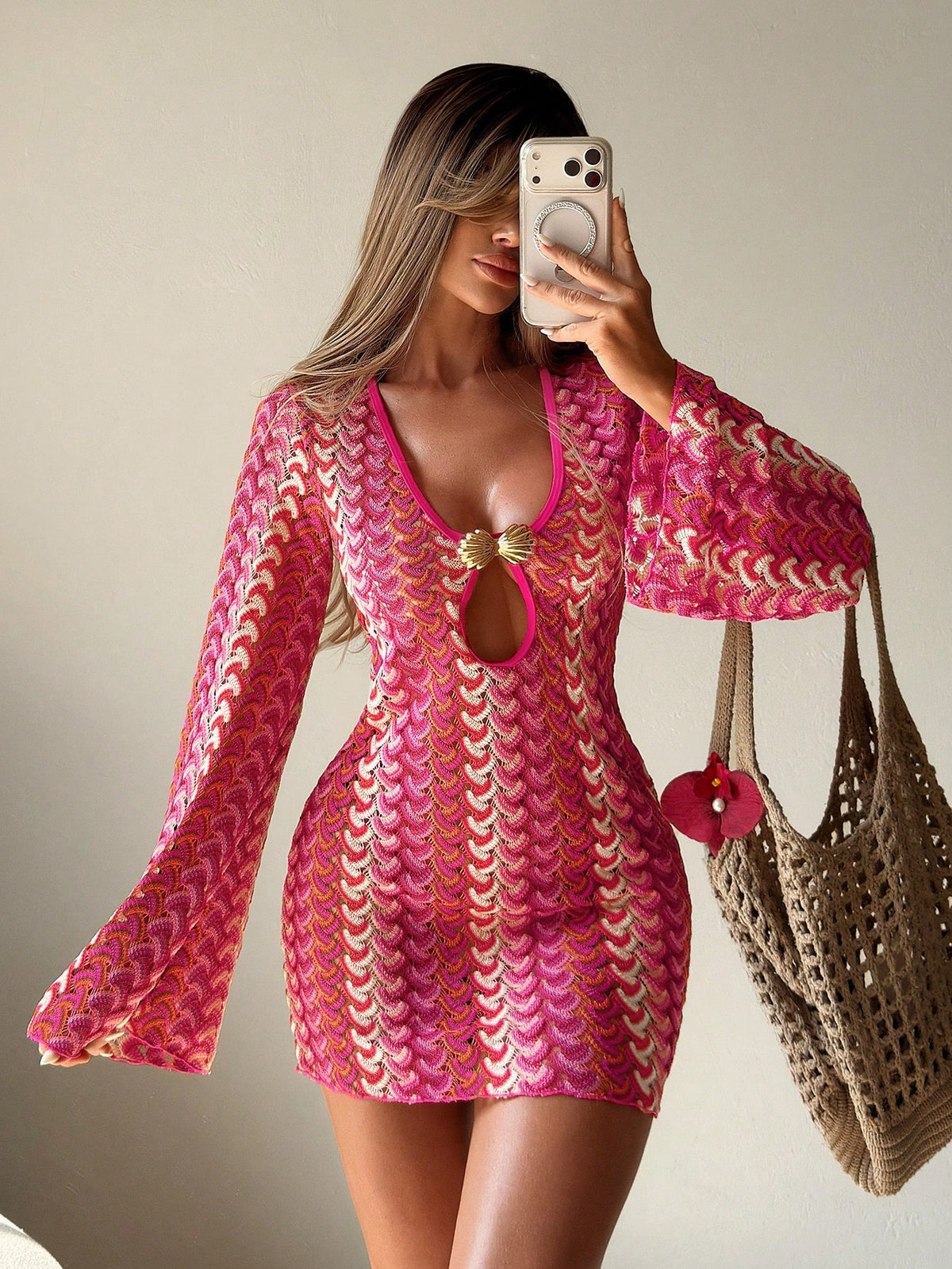 Sirith Swim Mod Women's Sweet Swim Cover-Up, Made Of Multi-Colored Textured Knit Fabric; Unique Neckline Design With Metal Shell Decoration, This Dress Features A Fitted Design, Perfect For Beach Vaca