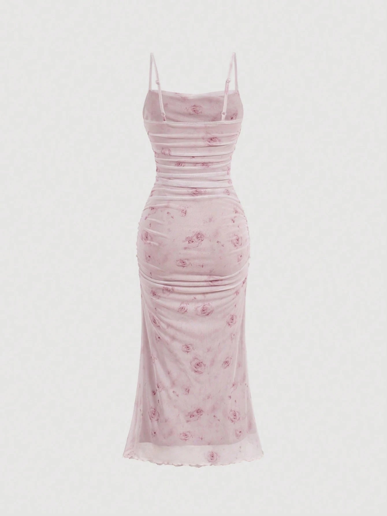 Skyraze Summer Pink Floral Print Ruched Mesh Cami Long Dress,Summer Dresses For Women,Pastel Dresses For Women