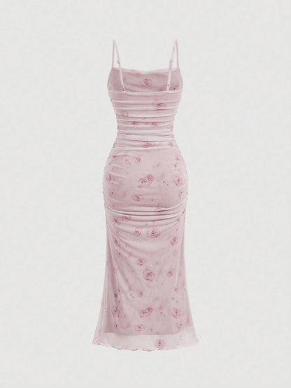Skyraze Summer Pink Floral Print Ruched Mesh Cami Long Dress,Summer Dresses For Women,Pastel Dresses For Women