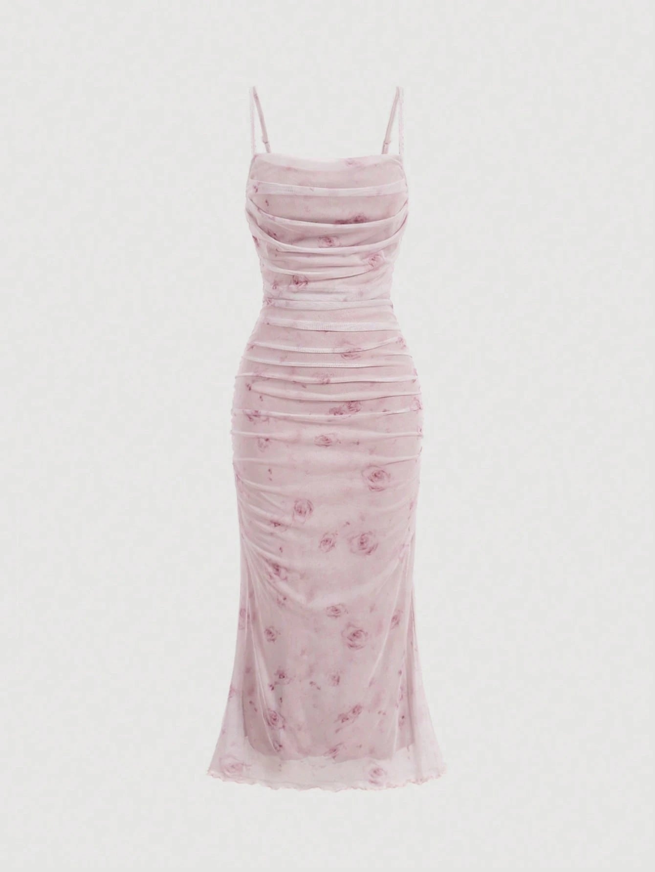 Skyraze Summer Pink Floral Print Ruched Mesh Cami Long Dress,Summer Dresses For Women,Pastel Dresses For Women