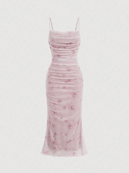 Skyraze Summer Pink Floral Print Ruched Mesh Cami Long Dress,Summer Dresses For Women,Pastel Dresses For Women