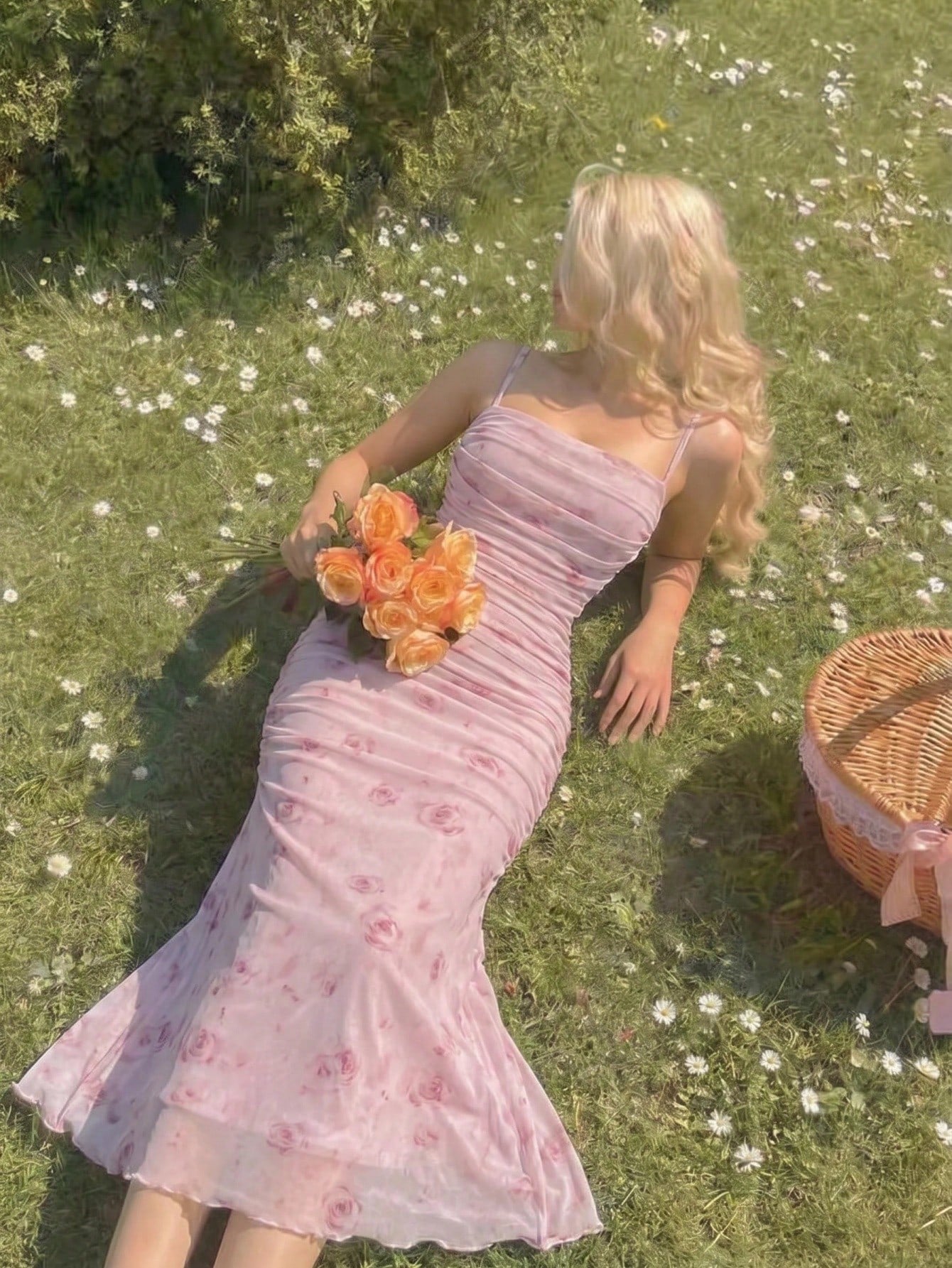 Skyraze Summer Pink Floral Print Ruched Mesh Cami Long Dress,Summer Dresses For Women,Pastel Dresses For Women