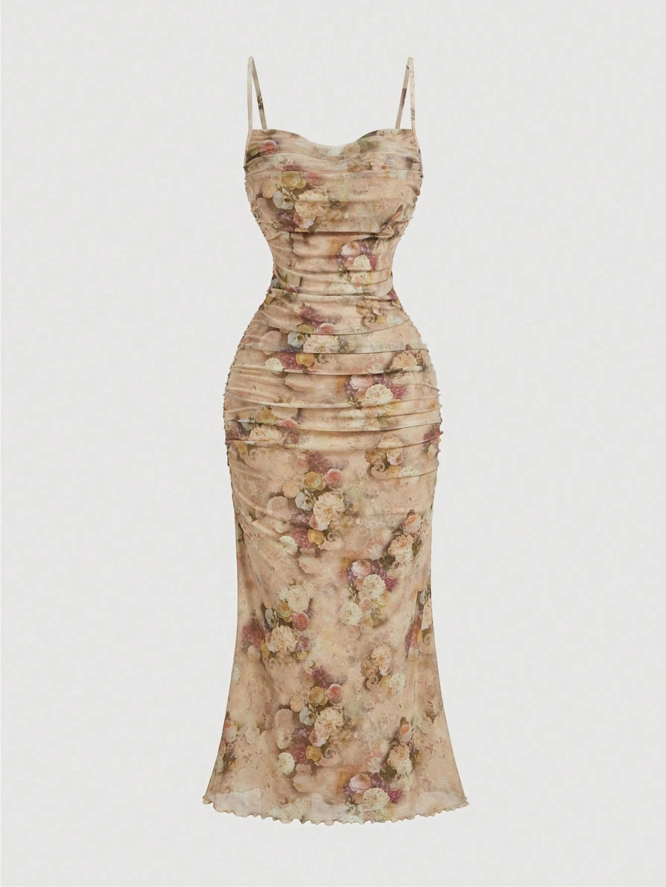 Skyraze Summer Pink Floral Print Ruched Mesh Cami Long Dress,Summer Dresses For Women,Pastel Dresses For Women
