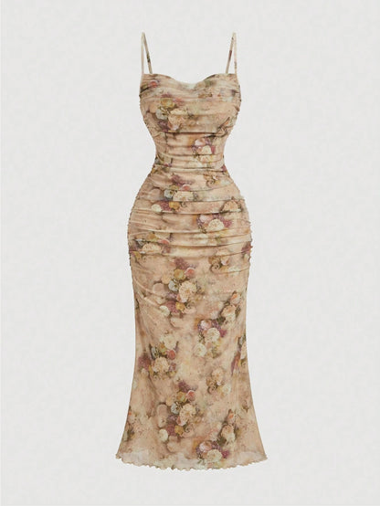 Skyraze Summer Pink Floral Print Ruched Mesh Cami Long Dress,Summer Dresses For Women,Pastel Dresses For Women