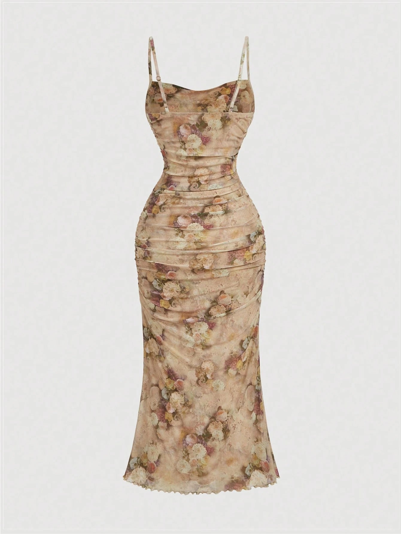 Skyraze Summer Pink Floral Print Ruched Mesh Cami Long Dress,Summer Dresses For Women,Pastel Dresses For Women