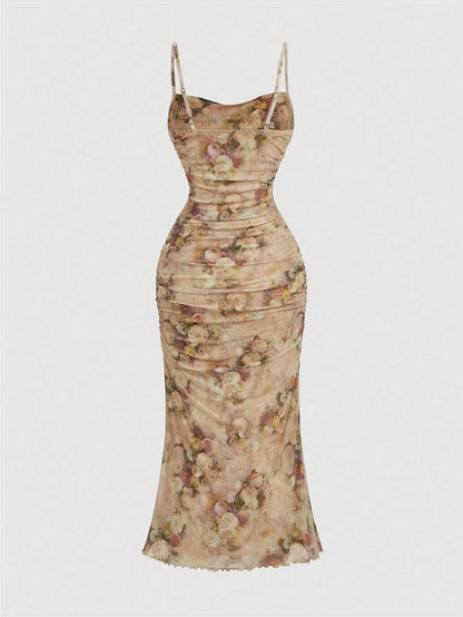 Skyraze Summer Pink Floral Print Ruched Mesh Cami Long Dress,Summer Dresses For Women,Pastel Dresses For Women