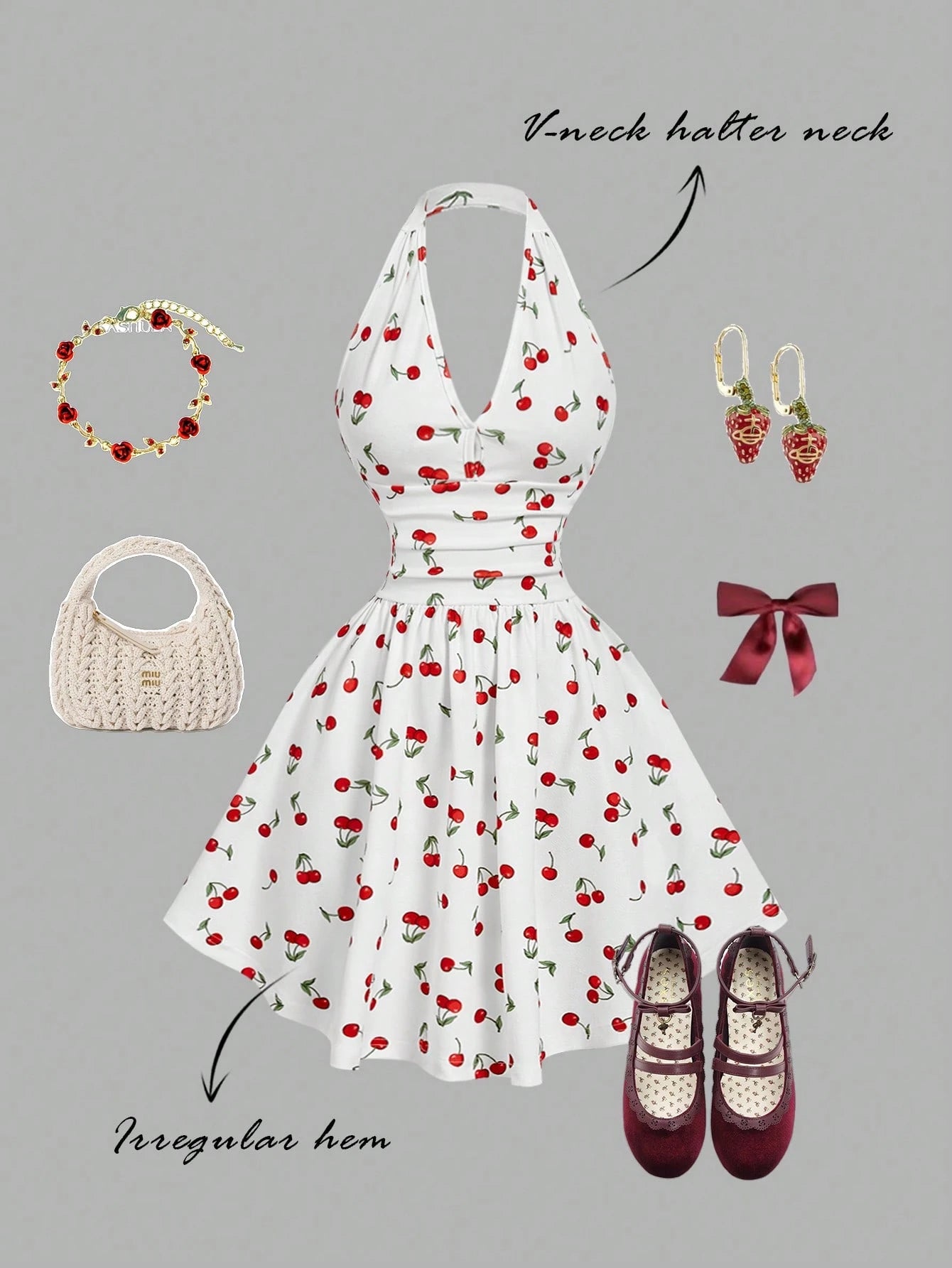 Skyraze Women's Halter Backless Cherry Print Mini Dress, Red And White Summer Modest Cute Holiday Picnic Vacation Ruched Waist Elegant Carnival Costume