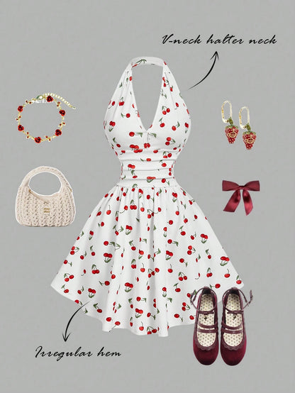 Skyraze Women's Halter Backless Cherry Print Mini Dress, Red And White Summer Modest Cute Holiday Picnic Vacation Ruched Waist Elegant Carnival Costume