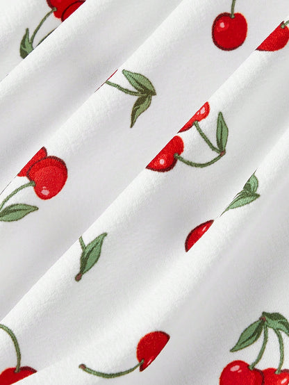 Skyraze Women's Halter Backless Cherry Print Mini Dress, Red And White Summer Modest Cute Holiday Picnic Vacation Ruched Waist Elegant Carnival Costume