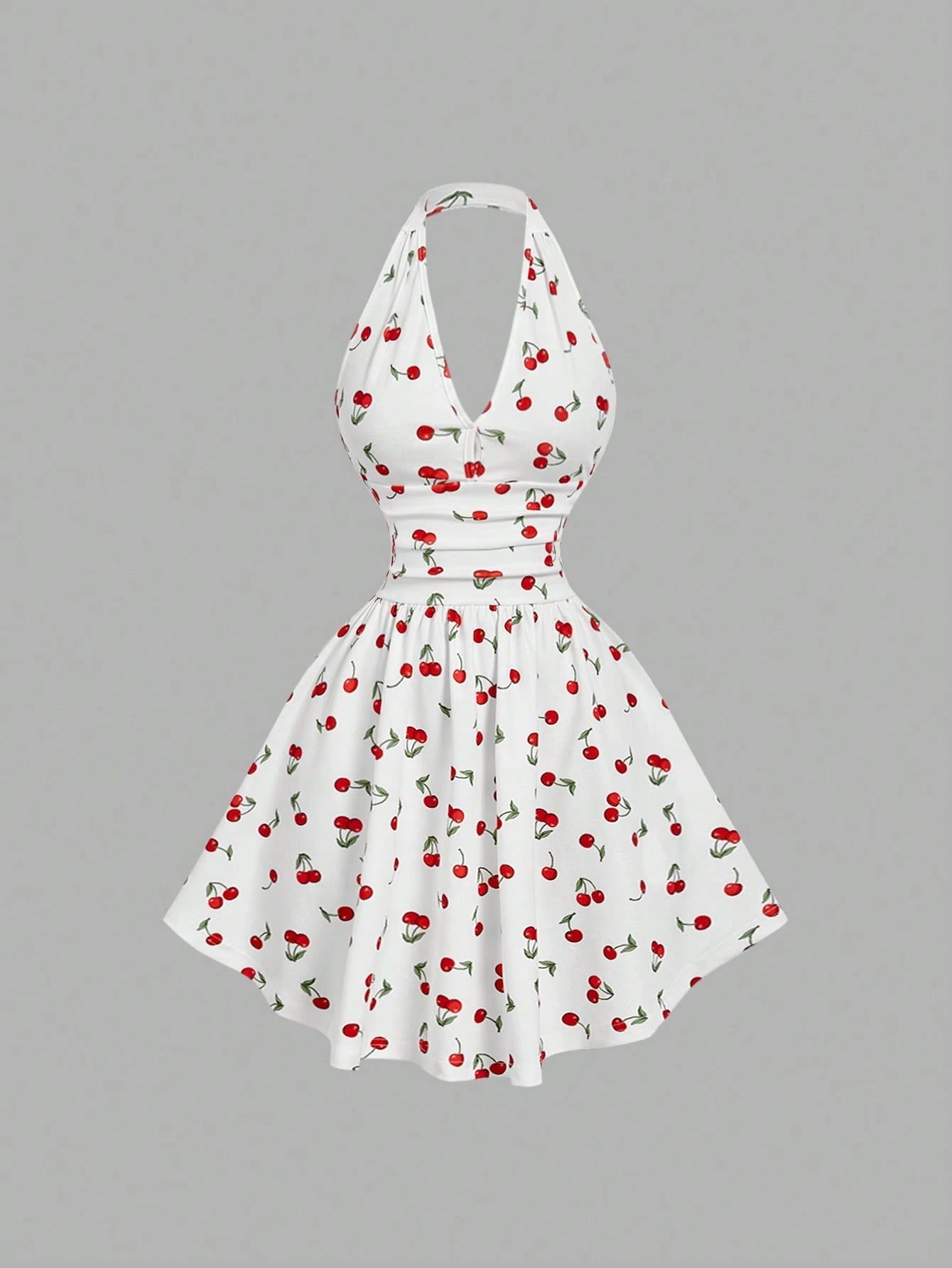 Skyraze Women's Halter Backless Cherry Print Mini Dress, Red And White Summer Modest Cute Holiday Picnic Vacation Ruched Waist Elegant Carnival Costume
