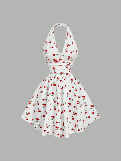 Skyraze Women's Halter Backless Cherry Print Mini Dress, Red And White Summer Modest Cute Holiday Picnic Vacation Ruched Waist Elegant Carnival Costume