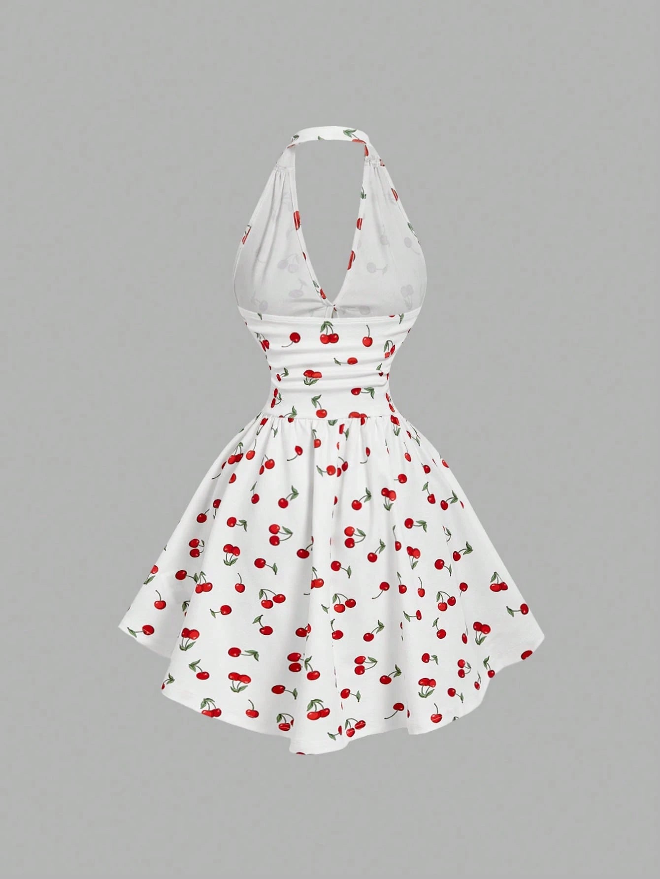 Skyraze Women's Halter Backless Cherry Print Mini Dress, Red And White Summer Modest Cute Holiday Picnic Vacation Ruched Waist Elegant Carnival Costume
