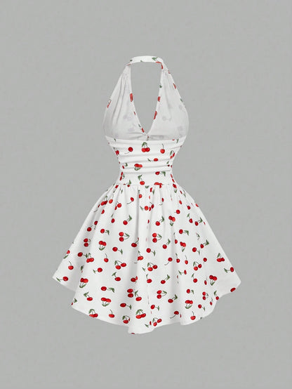 Skyraze Women's Halter Backless Cherry Print Mini Dress, Red And White Summer Modest Cute Holiday Picnic Vacation Ruched Waist Elegant Carnival Costume