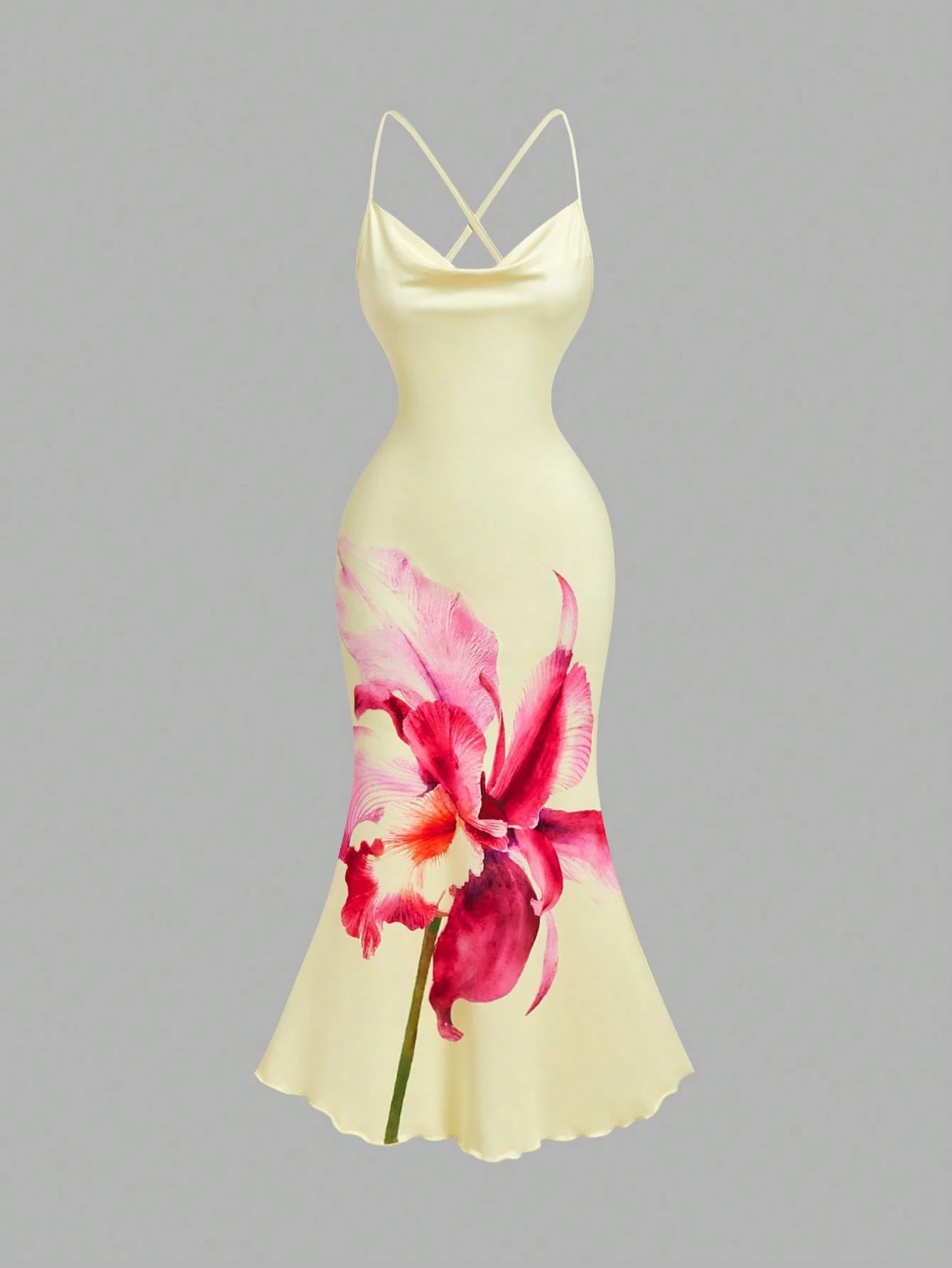 Skyraze Women's Pink Yellow Floral Print Midi Dress, Summer Tropical Beach Vacation Holiday, Elegant Sexy Jamican Waist Cinched Milkmaid Cottagecore French