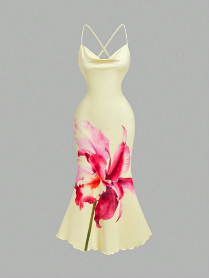 Skyraze Women's Pink Yellow Floral Print Midi Dress, Summer Tropical Beach Vacation Holiday, Elegant Sexy Jamican Waist Cinched Milkmaid Cottagecore French
