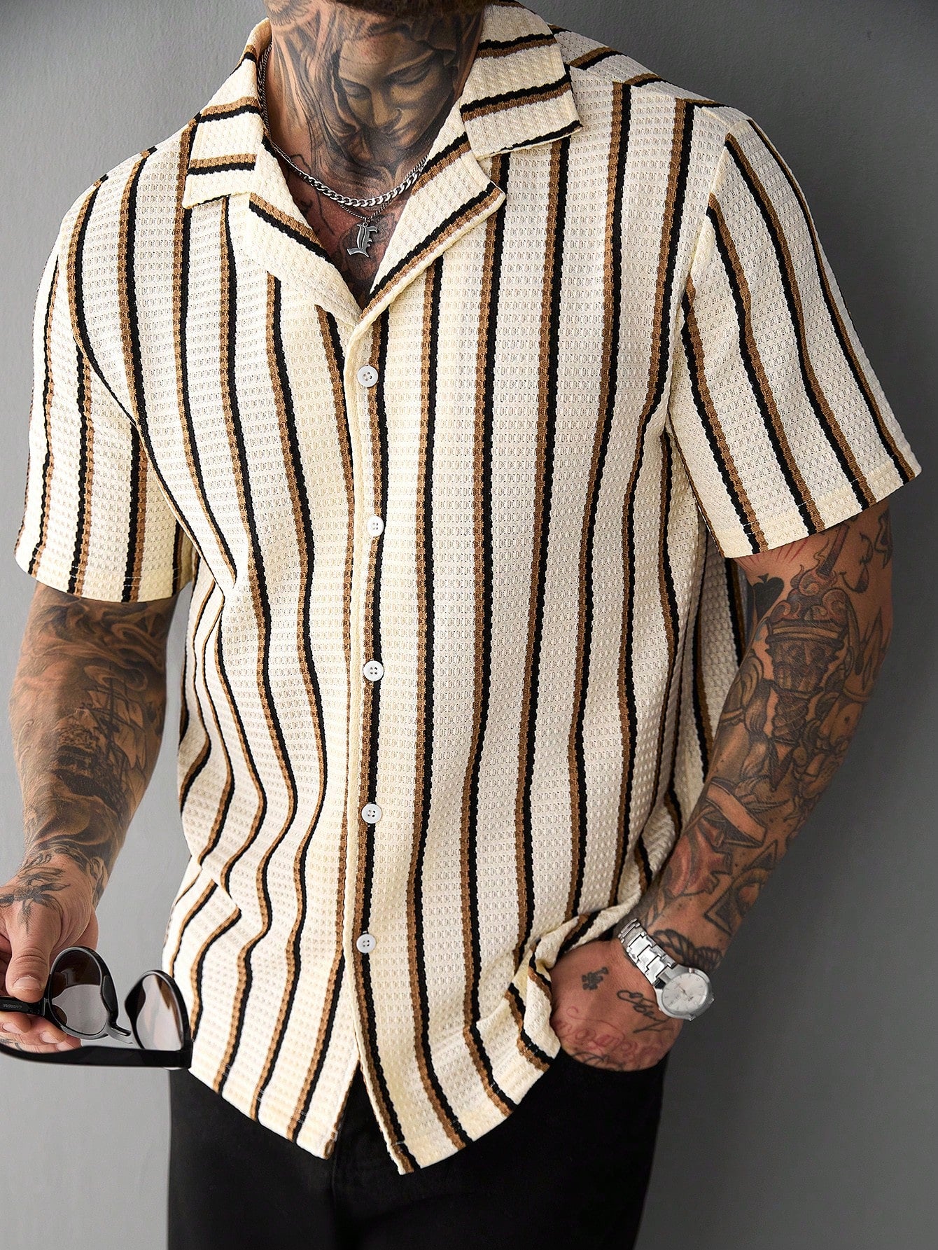 SLATEMANN Men's Beige Summer Casual Vacation Holiday Striped Waffle Knit Polo Shirt,Classic Button Down Short Sleeve Textured Cuban Shirt Retro Outdoor Tops