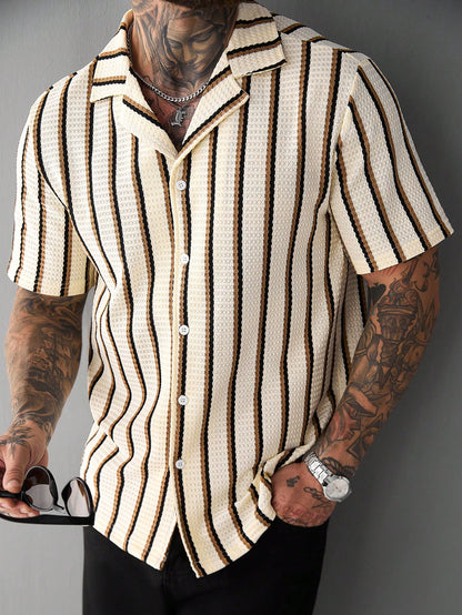 SLATEMANN Men's Beige Summer Casual Vacation Holiday Striped Waffle Knit Polo Shirt,Classic Button Down Short Sleeve Textured Cuban Shirt Retro Outdoor Tops