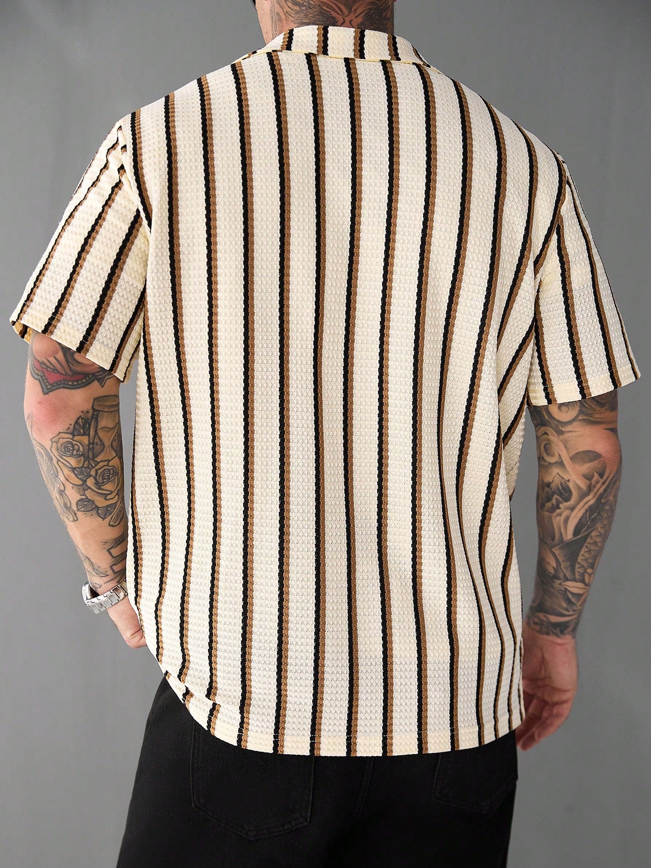 SLATEMANN Men's Beige Summer Casual Vacation Holiday Striped Waffle Knit Polo Shirt,Classic Button Down Short Sleeve Textured Cuban Shirt Retro Outdoor Tops
