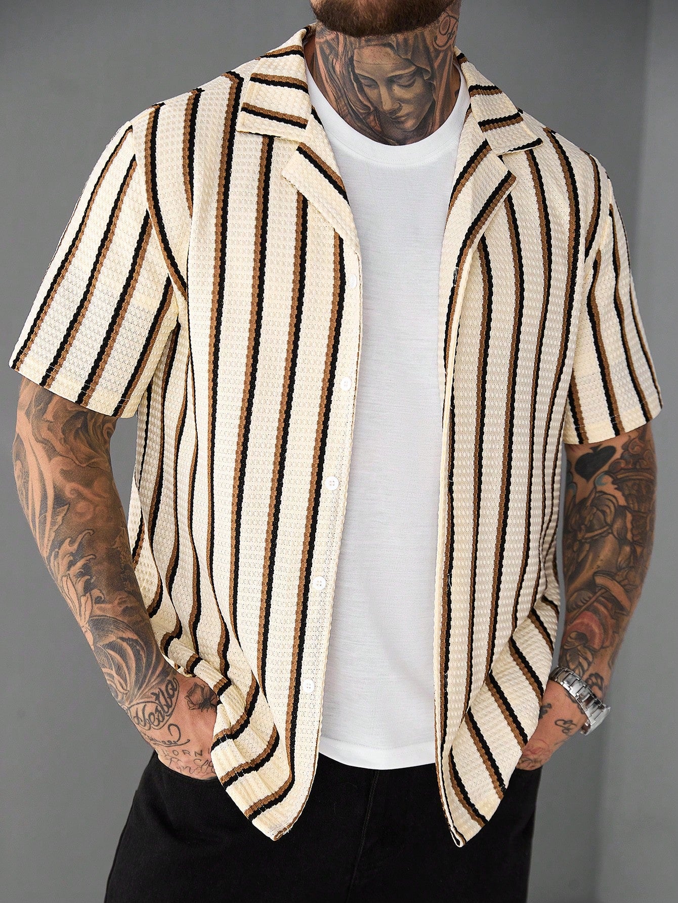 SLATEMANN Men's Beige Summer Casual Vacation Holiday Striped Waffle Knit Polo Shirt,Classic Button Down Short Sleeve Textured Cuban Shirt Retro Outdoor Tops