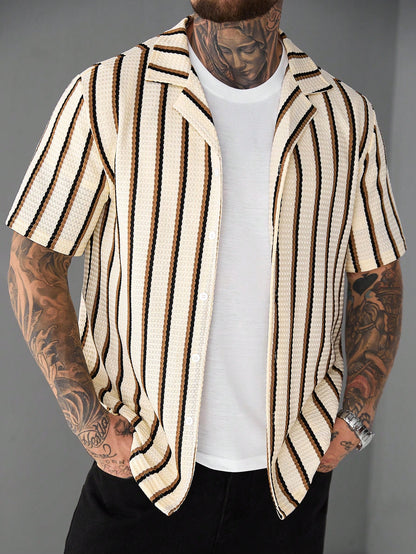 SLATEMANN Men's Beige Summer Casual Vacation Holiday Striped Waffle Knit Polo Shirt,Classic Button Down Short Sleeve Textured Cuban Shirt Retro Outdoor Tops