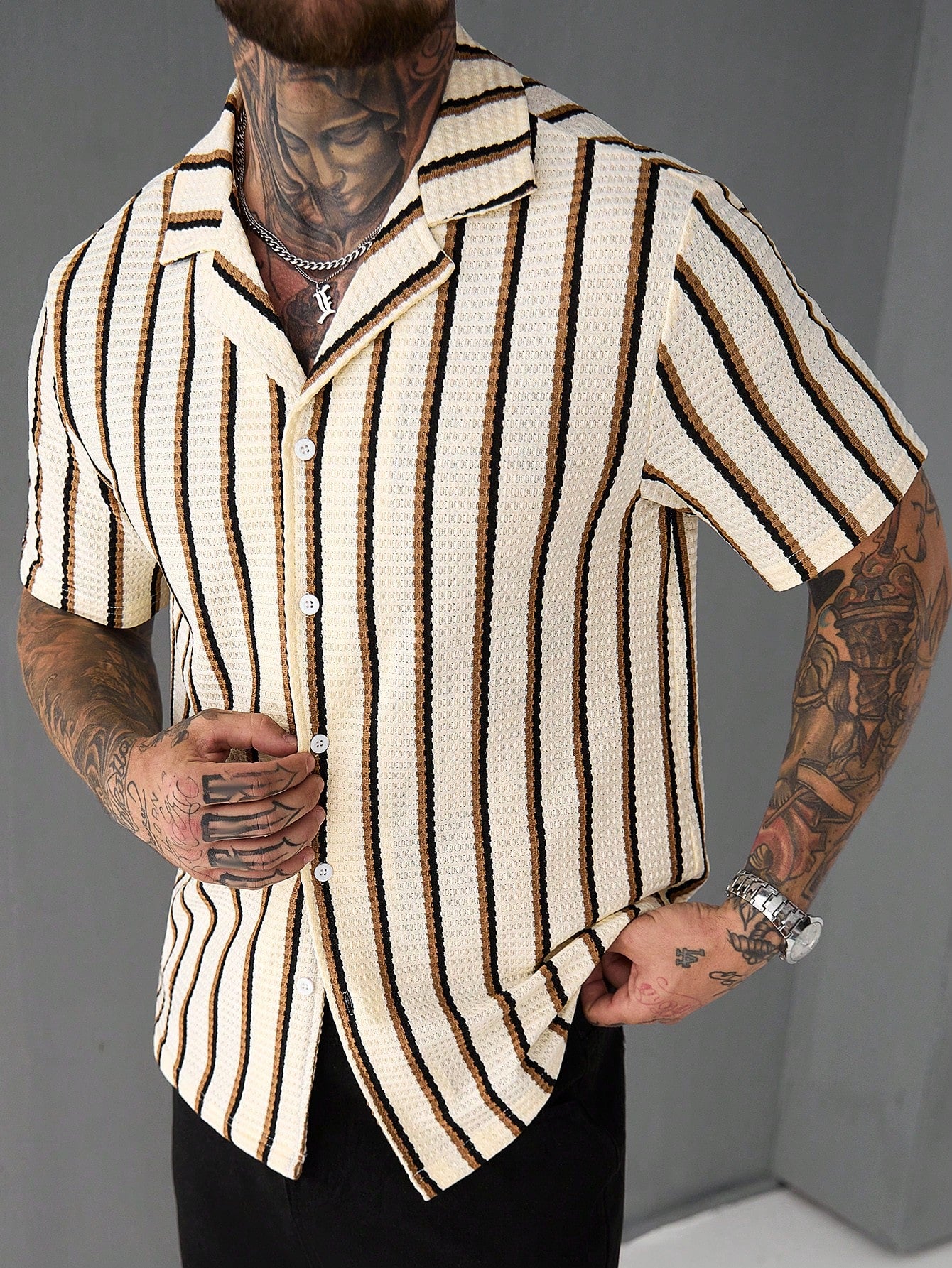 SLATEMANN Men's Beige Summer Casual Vacation Holiday Striped Waffle Knit Polo Shirt,Classic Button Down Short Sleeve Textured Cuban Shirt Retro Outdoor Tops