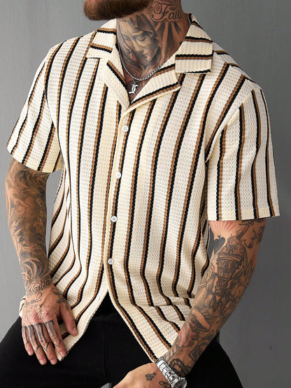 SLATEMANN Men's Beige Summer Casual Vacation Holiday Striped Waffle Knit Polo Shirt,Classic Button Down Short Sleeve Textured Cuban Shirt Retro Outdoor Tops