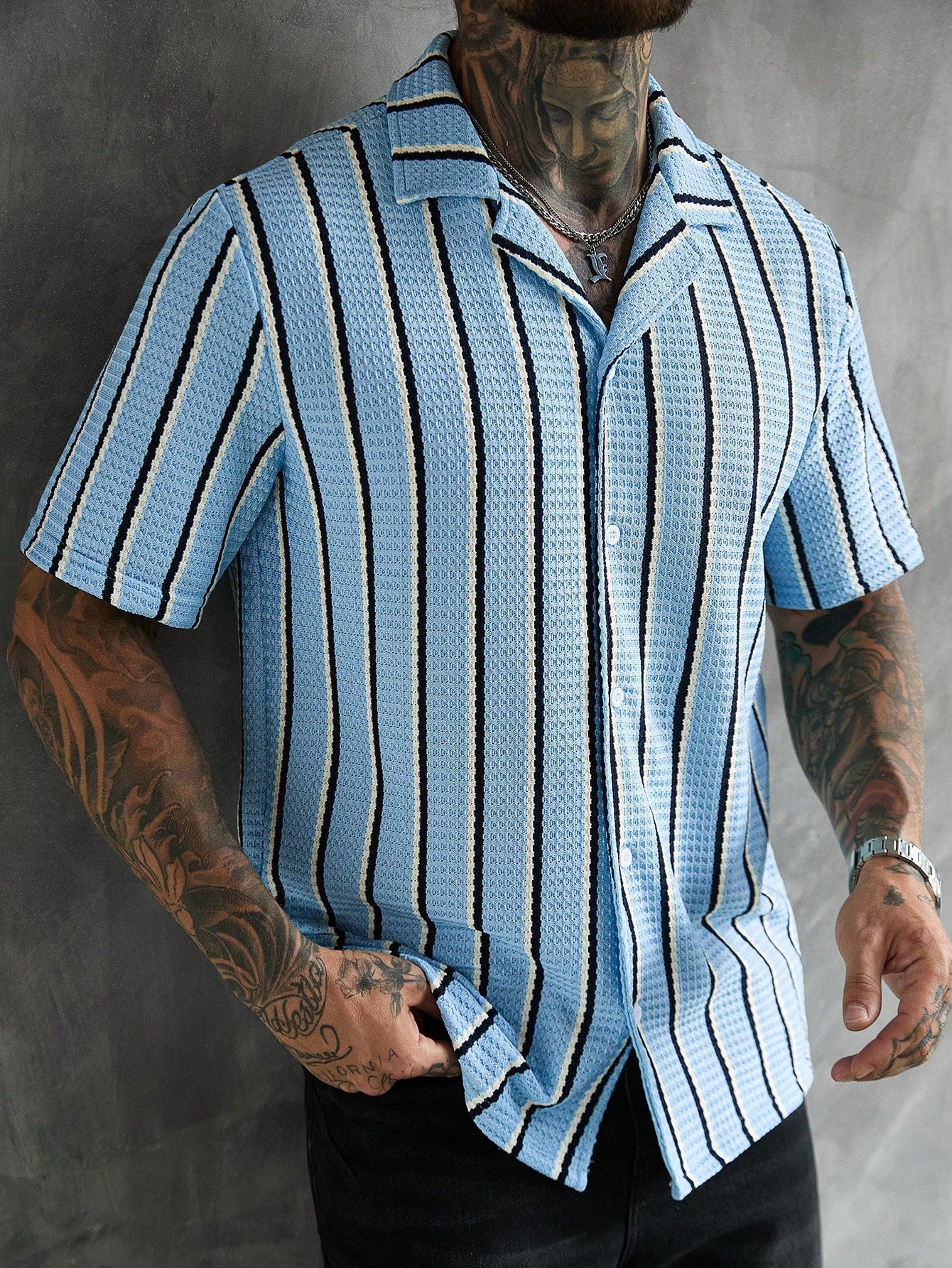 SLATEMANN Men's Beige Summer Casual Vacation Holiday Striped Waffle Knit Polo Shirt,Classic Button Down Short Sleeve Textured Cuban Shirt Retro Outdoor Tops