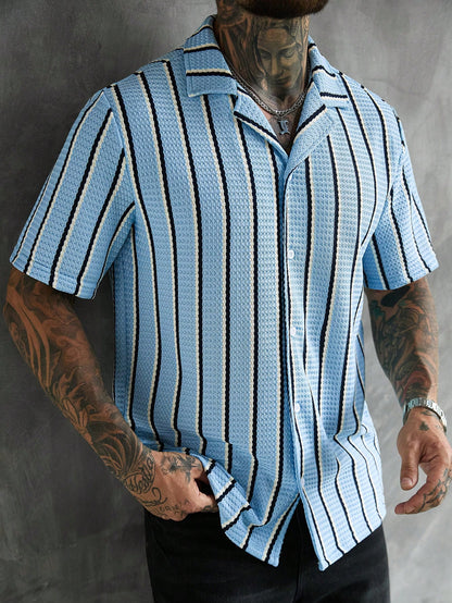 SLATEMANN Men's Beige Summer Casual Vacation Holiday Striped Waffle Knit Polo Shirt,Classic Button Down Short Sleeve Textured Cuban Shirt Retro Outdoor Tops