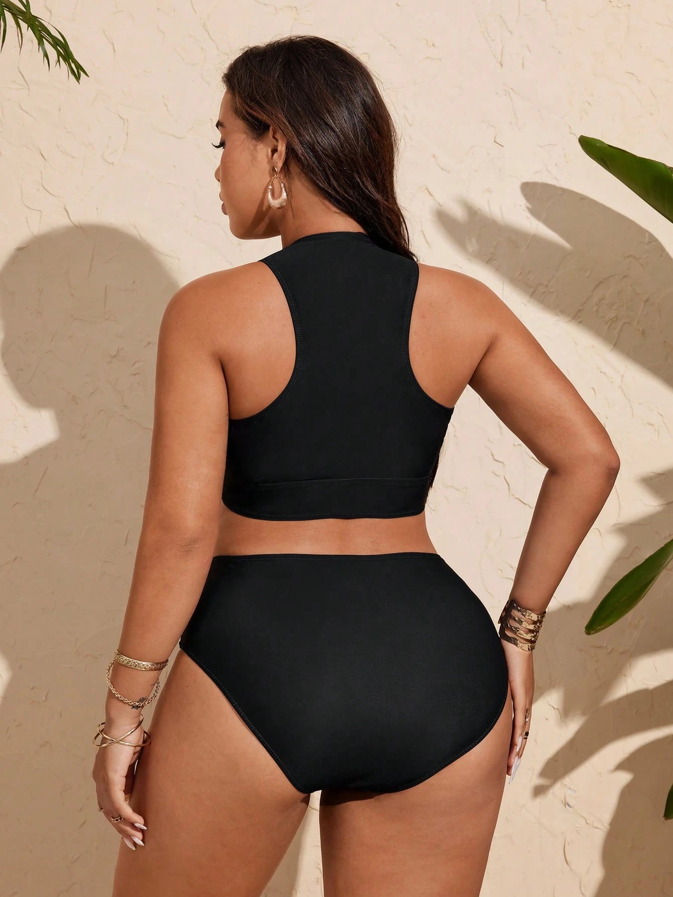 Slaydiva 2025 Plus Size Bikini Set,Black Coconut Tree & Letter Print,Tie Waist High Waisted Bathing Suit,Summer Beach Holiday Vacation Swimsuit