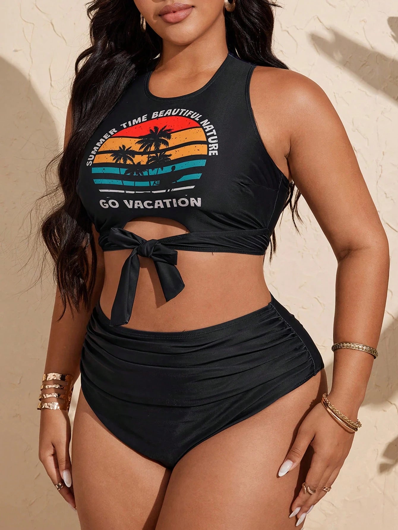 Slaydiva 2025 Plus Size Bikini Set,Black Coconut Tree & Letter Print,Tie Waist High Waisted Bathing Suit,Summer Beach Holiday Vacation Swimsuit