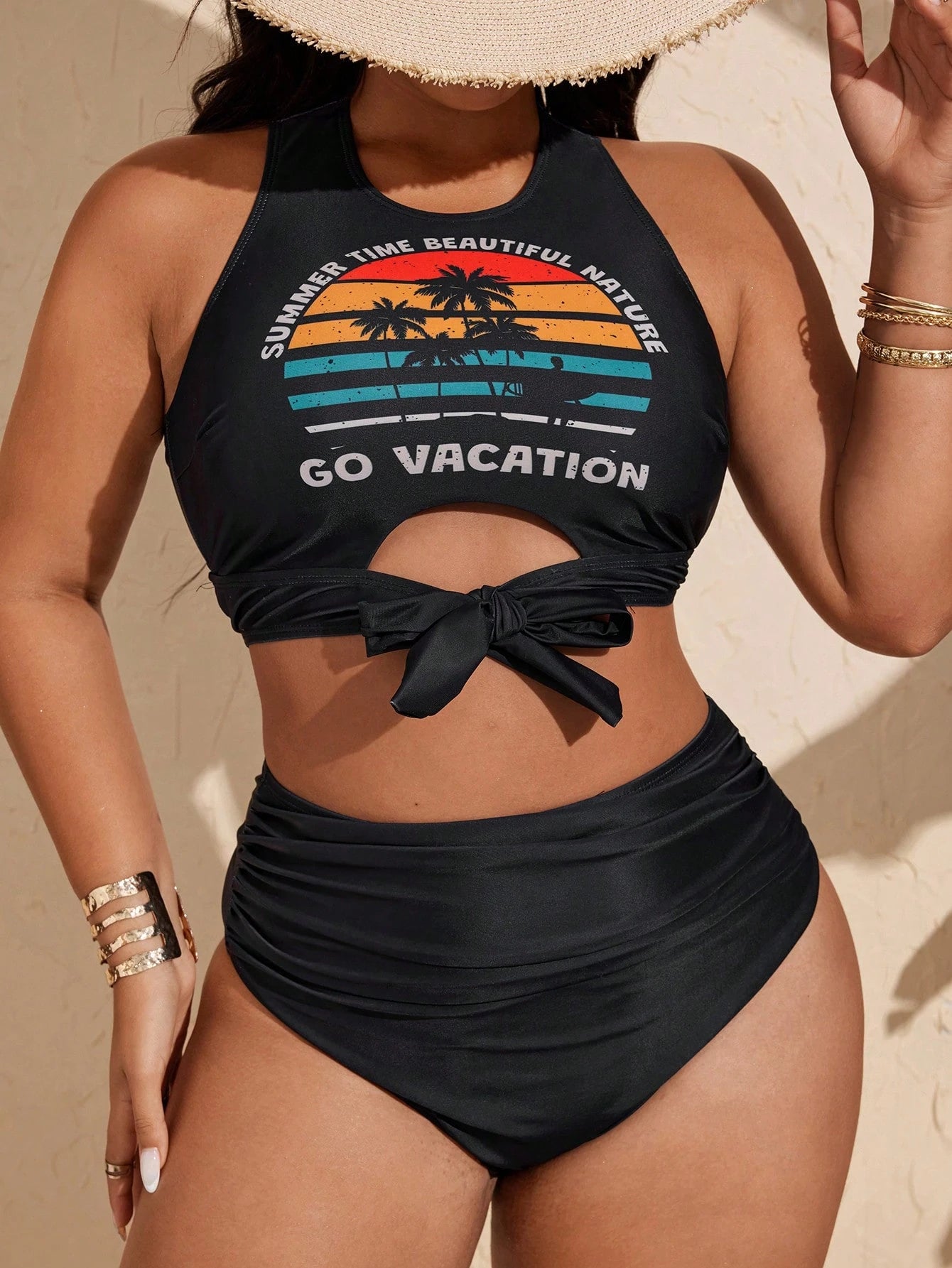 Slaydiva 2025 Plus Size Bikini Set,Black Coconut Tree & Letter Print,Tie Waist High Waisted Bathing Suit,Summer Beach Holiday Vacation Swimsuit