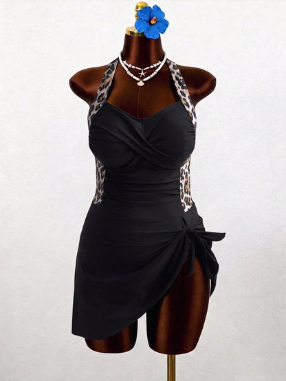 Slaydiva 2026 New Plus Size Women's Black Leopard Print Halter Neck Ruched Tie Dress Style One-Piece Swimsuit, Beach Vacation, Summer Holiday, Party Wear, Elegant Women's Beach Swimwear, Women's Vacat